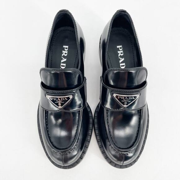 Prada Black Brushed Leather Chocolate Chunky Triangle Logo Loafer size IT 36 - Picture 6 of 15